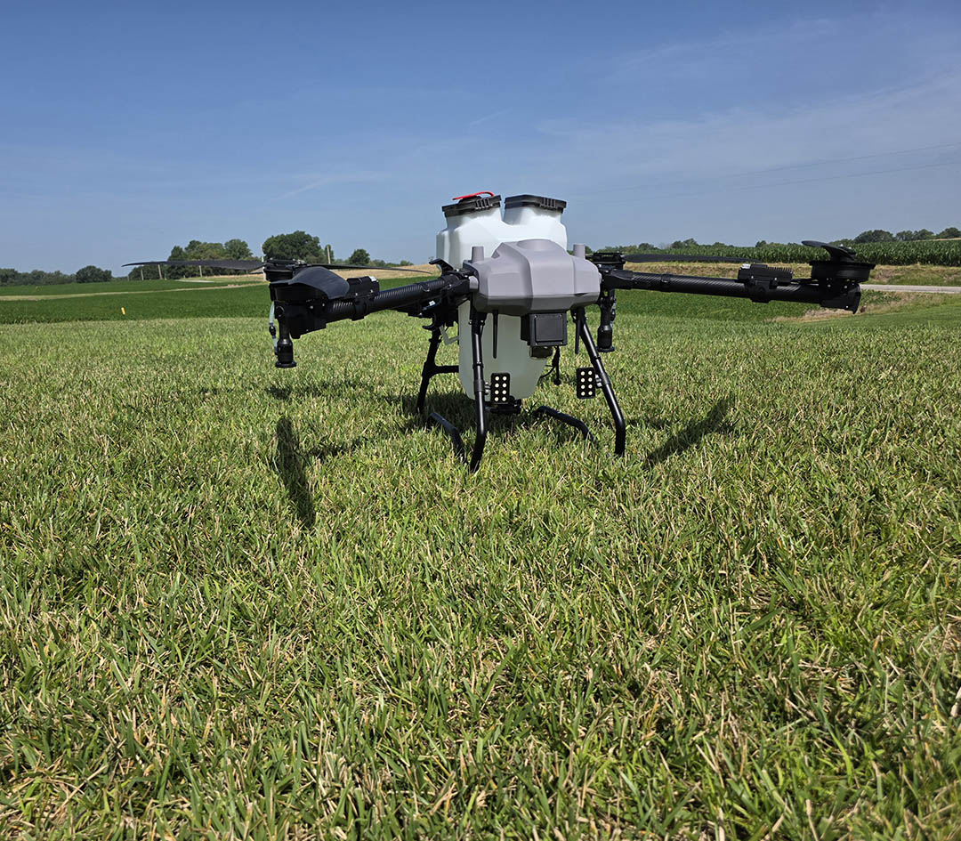 Elevon Aerial Ag Z30 spray drone sitting on grassy hill