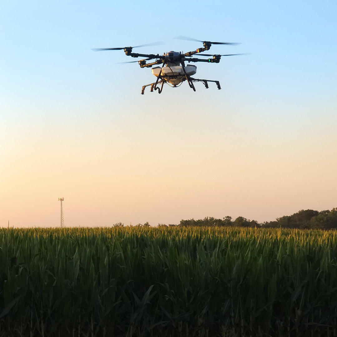 Elevon Aerial Ag Z80 spray drone flying above crops